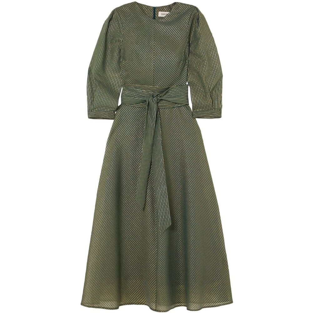 CEFINN Green & Metallic Gold Striped Belted Dress, Size 10